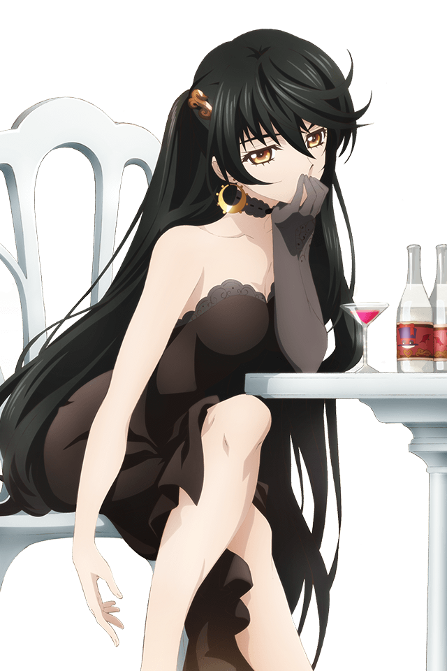 artist_request bangs black_dress black_hair breasts choker cleavage collarbone covering_mouth crossed_legs dress earrings eyebrows_visible_through_hair hair_ornament hand_over_own_mouth jewelry leaning_forward long_hair looking_at_viewer medium_breasts official_art sitting sleeveless sleeveless_dress solo strapless strapless_dress tales_of_(series) tales_of_asteria tales_of_berseria transparent_background velvet_crowe very_long_hair yellow_eyes