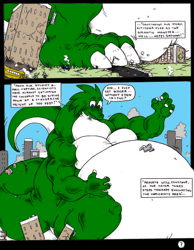 2003 anthro blue_eyes building claws comic crush dnapalmhead dragon english_text green_scales growth macro male obese onomatopoeia overweight redsaber scales scalie solo sound_effects text traditional_media_(artwork)