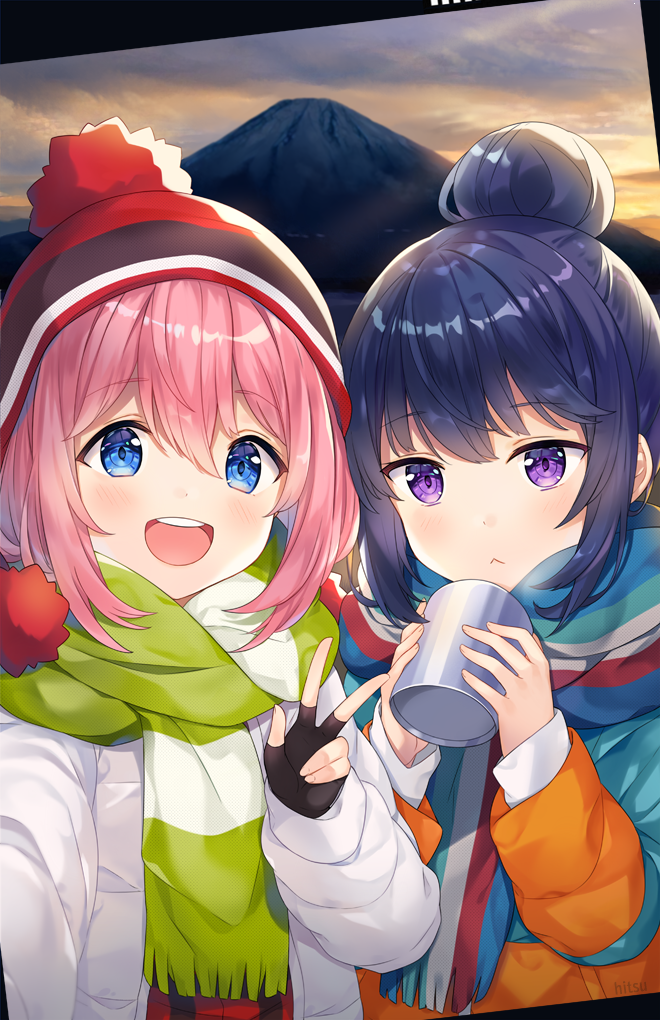 :&lt; :d artist_name beanie blue_eyes blue_hair blush coat cup eyebrows_visible_through_hair happy hat hitsukuya kagamihara_nadeshiko mount_fuji mountain multicolored multicolored_stripes multiple_girls open_mouth pink_hair pom_pom_(clothes) purple_eyes reaching_out scarf self_shot shima_rin smile striped striped_scarf sunrise teeth v winter_clothes winter_coat yurucamp