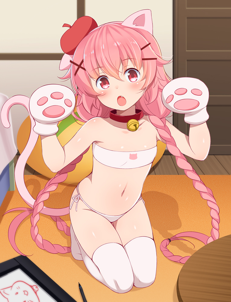 animal_ears bangs bikini blush braid breasts cat_ears cat_tail collar comic_girls drawing_tablet eyebrows_visible_through_hair fang full_body gloves groin hair_between_eyes hair_ornament hairclip hands_up hat honda_naoki kneeling long_hair looking_at_viewer mini_hat moeta_kaoruko navel open_mouth paw_gloves paws pink_hair red_eyes room small_breasts solo stomach stylus swimsuit tail thighhighs twin_braids twintails very_long_hair white_bikini white_gloves white_legwear x_hair_ornament