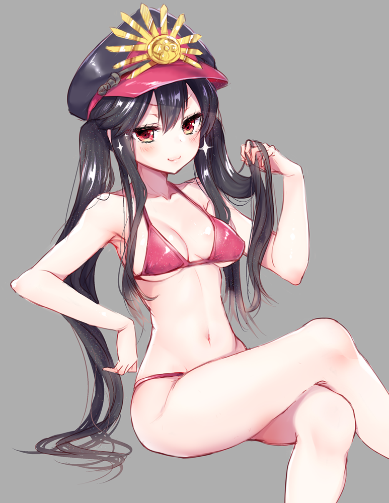 &gt;:) armpits ayuma_sayu bangs bare_arms bare_legs bare_shoulders bikini black_hair black_hat blush breasts cleavage closed_mouth collarbone commentary_request crossed_legs fate/grand_order fate_(series) grey_background halterneck hat invisible_chair long_hair medium_breasts navel oda_nobunaga_(fate) peaked_cap playing_with_own_hair red_bikini red_eyes shiny shiny_hair sidelocks simple_background sitting smile solo sparkle stomach swimsuit thighs tsurime twintails v-shaped_eyebrows very_long_hair