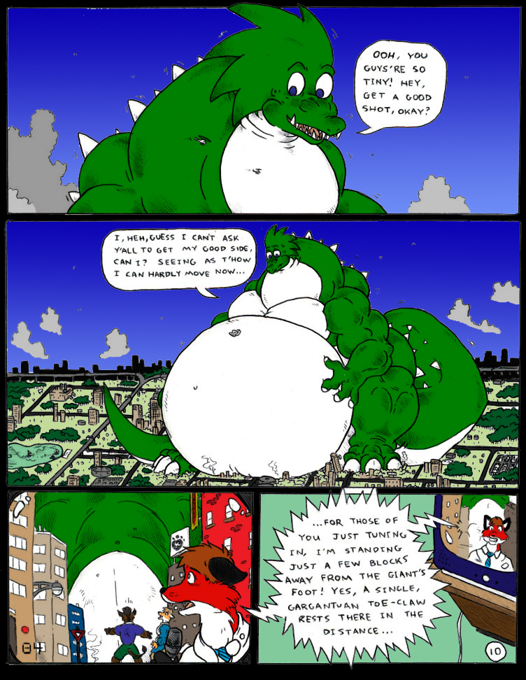 2003 anthro blue_eyes building claws clothing comic crush dnapalmhead dragon english_text green_scales growth holding_belly macro male muscular obese overweight redsaber scales scalie size_difference text traditional_media_(artwork)