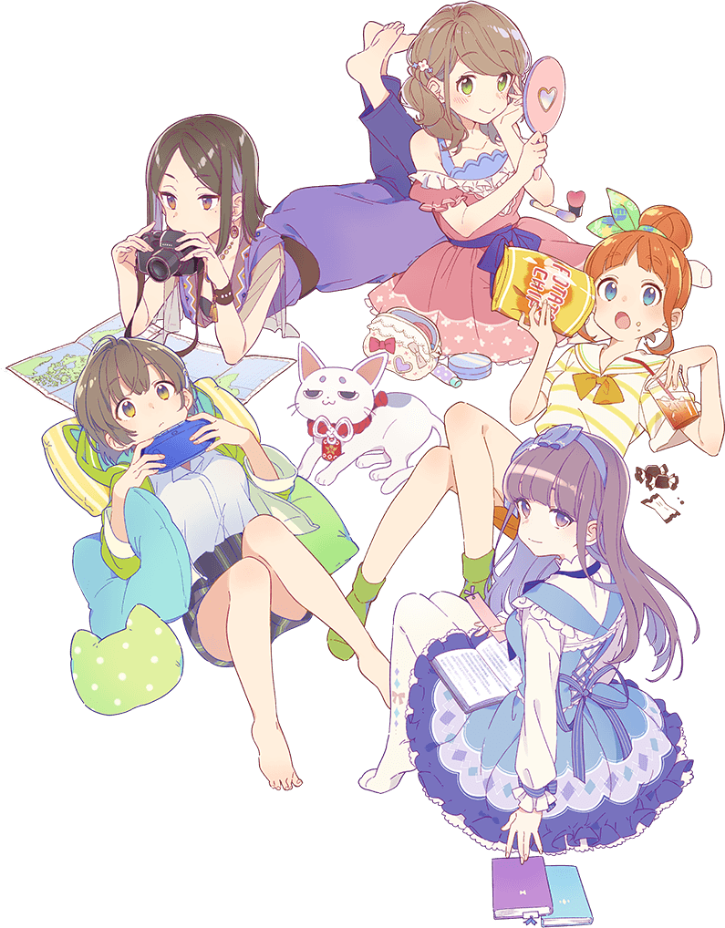 arai_minamo artist_request bag bandeau bangs bare_shoulders barefoot belt black_bandeau black_hair blue_bow blue_dress blue_eyes blue_hairband blue_neckwear blue_pillow blush body_blush book book_on_lap bookmark bow bowtie bracelet breasts brown_belt brown_earrings brown_eyes camera cat cat_pillow cup dress dress_bow drinking_glass earrings eating enishi_(himote_house) eyebrows_visible_through_hair eyes_visible_through_hair flower food food_on_face frilled_dress frills full_body game_console gradient_eyes green_eyes green_hairband green_hoodie green_jacket green_legwear green_pillow grey_eyes grey_shorts hair_bun hair_flower hair_ornament hair_over_shoulder hairband hand_on_own_cheek handbag himote_house himote_kinami himote_kokoro himote_tokiyo holding holding_camera holding_controller holding_cup holding_mirror hongou_tae hood hooded_jacket jacket jewelry key_visual knees_together_feet_apart large_breasts layered_dress legs_up light_brown_hair lolita_fashion long_hair looking_at_viewer low_twintails lying map medium_breasts mole mole_under_eye multicolored multicolored_eyes multicolored_hair multiple_girls necklace off_shoulder official_art on_back on_stomach open_mouth orange_eyes orange_hair orange_juice orange_neckwear orange_skirt pants pantyhose parted_lips pink_dress polka_dot_pillow print_dress print_hairband print_legwear puffy_short_sleeves puffy_sleeves purple_dress purple_hair purple_pants shiny shiny_hair shirt short_hair short_shorts short_sleeves short_twintails shorts sitting skirt smile socks streaked_hair striped striped_pillow striped_shirt swept_bangs the_pose thick_eyebrows tongue transparent_background twintails vertical-striped_pillow vertical-striped_shorts vertical_stripes white_cat white_frills white_legwear white_shirt yellow_eyes yokozuwari