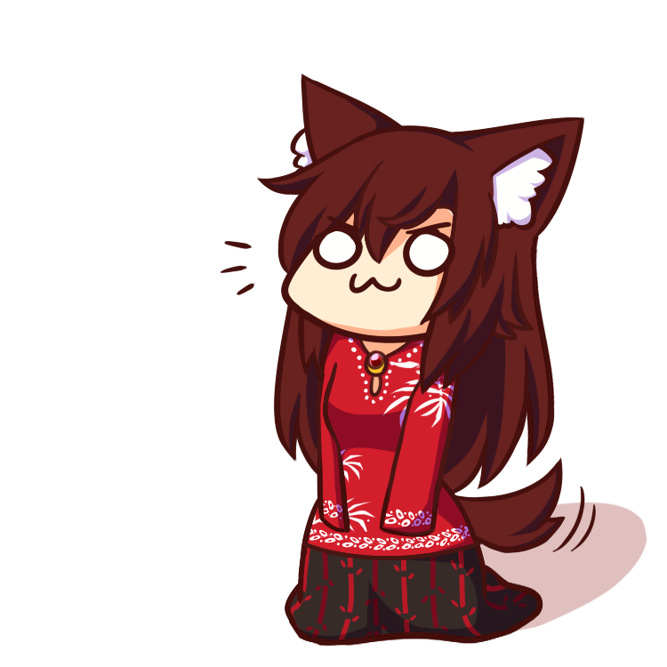 :3 animal_ear_fluff animal_ears breasts brooch brown_hair chibi commentary_request full_body hair_between_eyes imaizumi_kagerou jewelry long_hair long_sleeves malay_commentary medium_breasts o_o partial_commentary red_shirt shadow shirt simple_background sleeves_past_fingers sleeves_past_wrists standing tail tail_wagging touhou v-shaped_eyebrows very_long_hair white_background wolf_ears wolf_tail wool_(miwol)