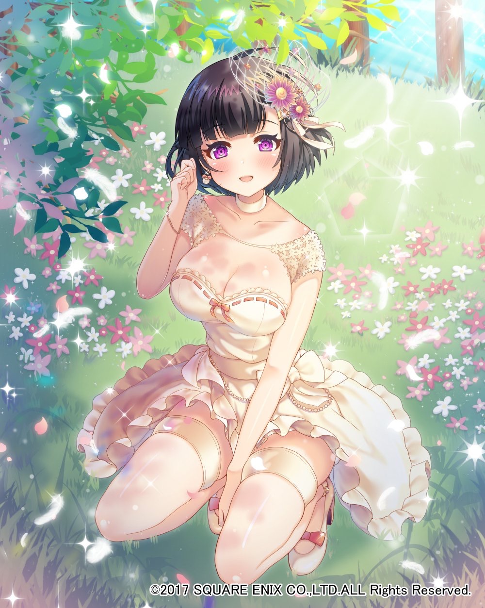 2017 :d between_legs black_hair blue_sky blush bracelet breasts bride choker cleavage clenched_hand collarbone company_name dress earrings flower full_body grass hair_flower hair_ornament hand_between_legs hand_up high_heels highres ichigo_seika jewelry konohana_sakuya_(venus_rumble) large_breasts looking_at_viewer official_art open_mouth outdoors purple_eyes short_hair skindentation sky smile solo squatting thighhighs venus_rumble watermark white_choker white_dress white_footwear white_legwear