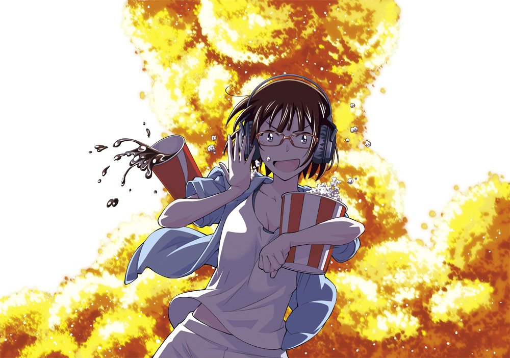 asai_(asumithi) cup disposable_cup drink explosion food glasses hair_ornament hairclip headphones kine-san_no_1-ri_de_cinema kine_machiko looking_at_viewer official_art open_mouth popcorn purple_eyes red-framed_eyewear short_hair smile soda spilling