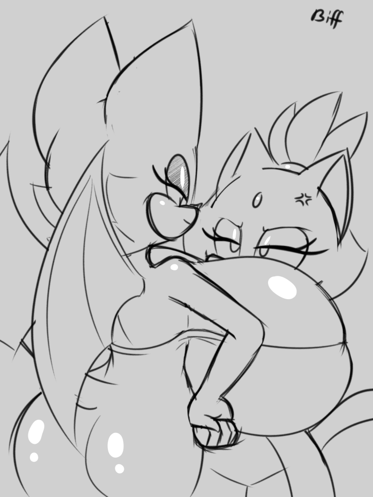 angry anthro bat biffalo big_breasts blaze_the_cat breasts cat clothed clothing comparing duo eyelashes feline female hair huge_breasts hyper hyper_breasts larger_female mammal membranous_wings monochrome rouge_the_bat signature size_difference sketch smaller_female sonic_(series) wings