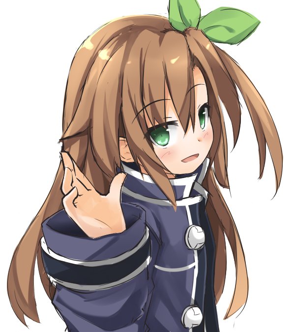 blush bow brown_hair eyebrows_visible_through_hair green_eyes hair_between_eyes hair_bow hair_ornament himajin_(starmine) if_(choujigen_game_neptune) jacket long_hair looking_at_viewer neptune_(series) simple_background smile solo waving white_background