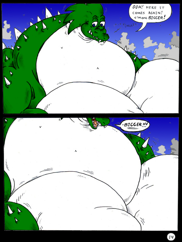 2004 anthro blue_eyes comic dnapalmhead dragon english_text green_scales growth macro male muscular obese open_mouth overweight pecs redsaber scales scalie smile solo speech_bubble teeth text traditional_media_(artwork)