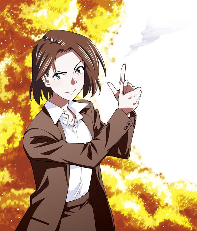 asai_(asumithi) black_skirt brown_hair business_suit collared_shirt commentary_request finger_gun formal kine-san_no_1-ri_de_cinema kine_machiko looking_at_viewer office_lady official_art pencil_skirt purple_eyes shirt short_hair skirt skirt_suit smile solo suit
