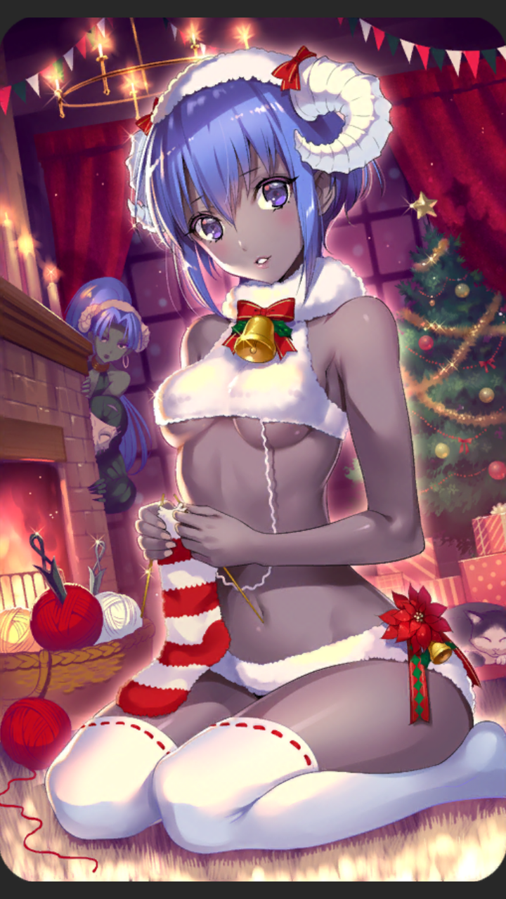 2girls assassin_(fate/zero) bangs bare_arms bare_shoulders basket bauble bell black_skin blush bow bowtie breasts candle cat christmas_tree commentary_request craft_essence curtains dark_skin eyebrows_visible_through_hair fate/grand_order fate/prototype fate/prototype:_fragments_of_blue_and_silver fate/stay_night fate/zero fate_(series) female_assassin_(fate/zero) fire fireplace forehead fur_collar gift hassan_of_serenity_(fate) highres horns indoors knitting knitting_needle kunai lips looking_at_viewer mask medium_breasts merry_sheep multiple_girls navel needle nishimura_eri no_shoes official_art panties parted_bangs peeking_out ponytail purple_eyes purple_hair red_bow red_neckwear ribbon-trimmed_legwear ribbon_trim sheep_horns shiny shiny_hair sidelocks sitting socks solo_focus stomach striped striped_legwear tareme thighhighs thighs true_assassin underboob underwear underwear_only wariza weapon white_legwear white_panties window