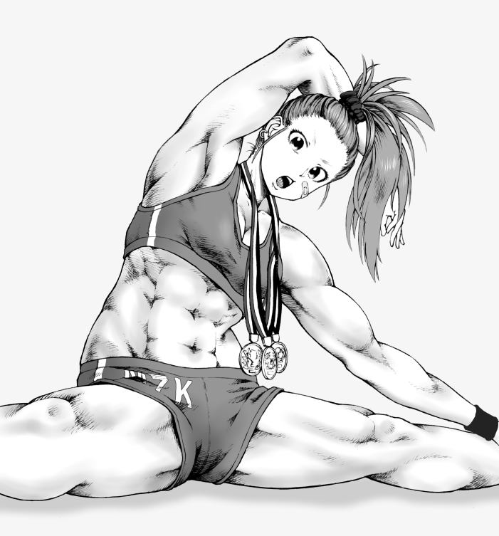 abs arm_up armpits artist_request bandaid bare_shoulders biceps breasts captain_mizuki cleavage commentary_request flexible greyscale groin gym_shorts looking_at_viewer medal midriff monochrome mora_nobi muscle muscular_female navel one-punch_man open_mouth ponytail short_shorts shorts simple_background split sports_bra spread_legs stretch toned white_background wristband