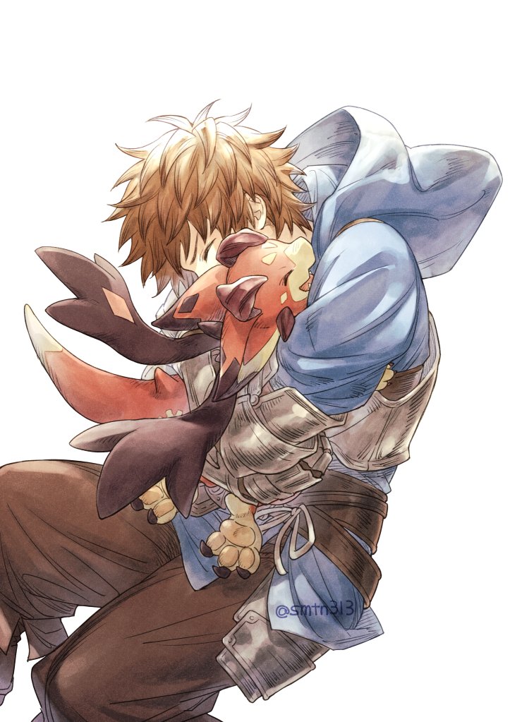armor brown_hair brown_pants closed_eyes commentary_request dragon faulds fighter_(granblue_fantasy) gauntlets gran_(granblue_fantasy) granblue_fantasy happy hood hoodie horns hug male_focus open_mouth pants short_hair simple_background smile someta_ni vee_(granblue_fantasy) white_background
