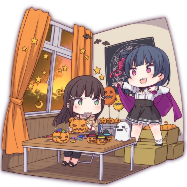 :d ayasaka balloon bangs bat black_hair black_neckwear black_pants black_skirt blouse blue_hair bracelet candy cape chair chibi commentary_request crescent curtains folding_chair food ghost green_eyes hair_ornament hair_ribbon hairclip halloween high-waist_skirt indoors jack-o'-lantern jewelry kurosawa_dia love_live! love_live!_sunshine!! magic_circle mole mole_under_mouth multiple_girls neck_ribbon on_box open_mouth pants poster_(object) purple_cape purple_eyes red_ribbon ribbon sandals side_bun sitting skirt smile standing standing_on_object star striped striped_ribbon sunset sweater table tsushima_yoshiko upper_teeth v wavy_mouth white_blouse window