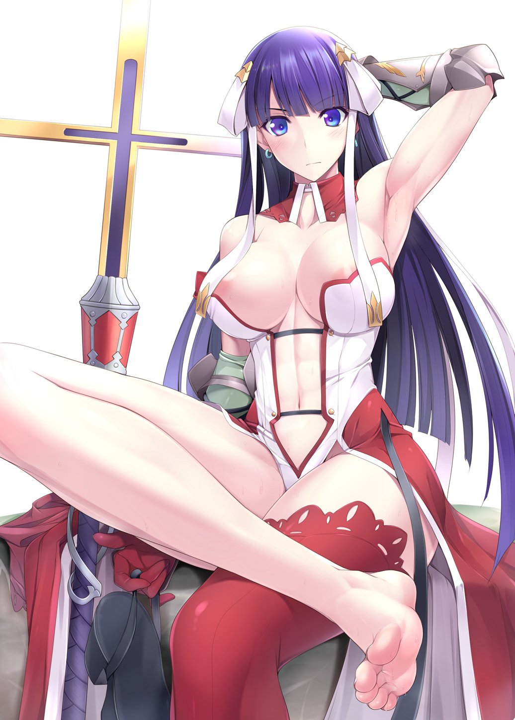 areola_slip areolae arm_guards armpits bangs blue_eyes blunt_bangs blush breasts center_opening check_commentary choker cleavage closed_mouth commentary commentary_request earrings fate/grand_order fate_(series) feet footwear_removed gauntlets gloves hair_ornament hair_ribbon highres holding jewelry large_breasts long_hair long_legs looking_at_viewer naturalton navel purple_hair red_gloves ribbon saint_martha single_thighhigh sitting soles solo straight_hair swimsuit thighhighs toes white_background