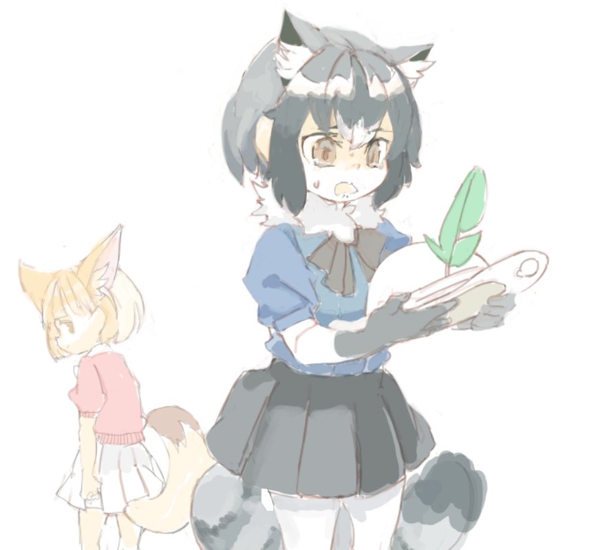 animal_ear_fluff animal_ears black_hair blonde_hair bow bowtie commentary_request common_raccoon_(kemono_friends) elbow_gloves feathers fennec_(kemono_friends) fox_ears fox_tail fur_collar gloves grey_hair hat helmet kemono_friends konabetate multicolored_hair multiple_girls pantyhose pith_helmet pleated_skirt puffy_short_sleeves puffy_sleeves raccoon_ears raccoon_tail short_hair short_sleeves skirt sweatdrop tail thighhighs