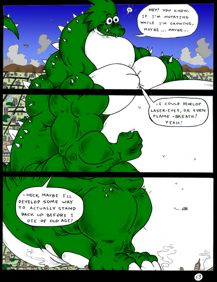 2004 anthro blue_eyes building claws comic dnapalmhead dragon english_text green_scales growth macro male muscular obese overweight redsaber scales scalie smile solo speech_bubble text traditional_media_(artwork)