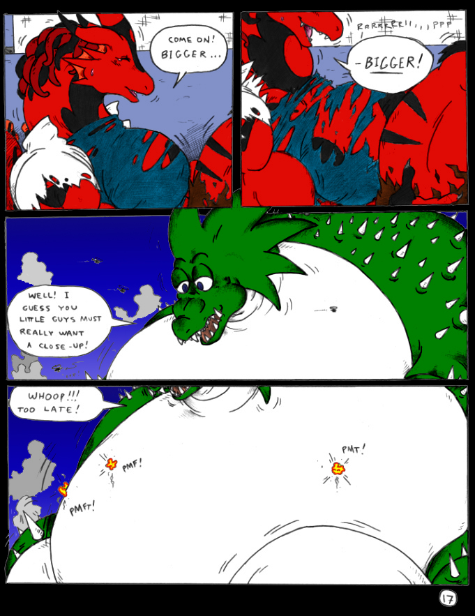 2005 anthro blue_eyes building claws comic dnapalmhead dragon duo english_text explosion female gills green_scales growth macro male muscular obese onomatopoeia overweight red_scales redsaber scales scalie size_difference sound_effects speech_bubble tearing text traditional_media_(artwork) yellow_eyes