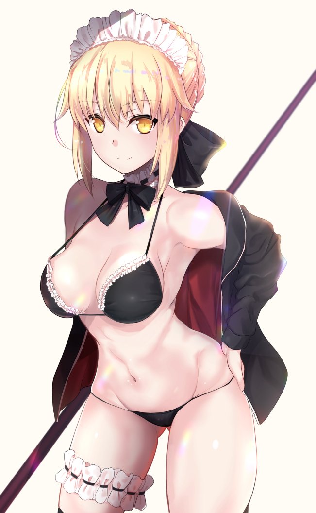 alternate_breast_size artoria_pendragon_(all) artoria_pendragon_(swimsuit_rider_alter) ass_visible_through_thighs bikini black_legwear blonde_hair bow braid breasts cleavage commentary contrapposto cowboy_shot crown_braid detached_collar fate/grand_order fate_(series) hand_on_hip jacket leg_garter looking_at_viewer maid_bikini maid_headdress medium_breasts navel off_shoulder open_clothes open_jacket ribbon_trim short_hair simple_background smile solo standing strap_gap string_bikini swimsuit thighhighs untsue yellow_eyes
