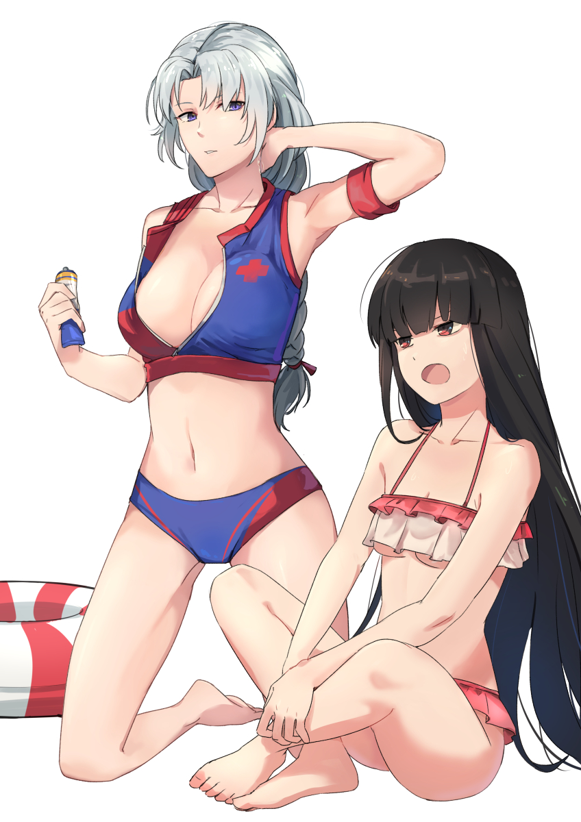 :o adapted_costume arm_up armband armpits ass bare_arms bare_legs bare_shoulders barefoot bikini black_hair blue_bikini blue_eyes braid breasts cleavage collarbone commentary frilled_bikini frills full_body halterneck highres holding houraisan_kaguya hsin indian_style innertube kneeling large_breasts long_hair looking_at_another lotion multicolored multicolored_bikini multicolored_clothes multiple_girls navel no_headwear open_mouth parted_lips pink_bikini red_bikini red_eyes silver_hair simple_background sitting small_breasts stomach sunscreen swimsuit thighs touhou underboob very_long_hair white_background yagokoro_eirin
