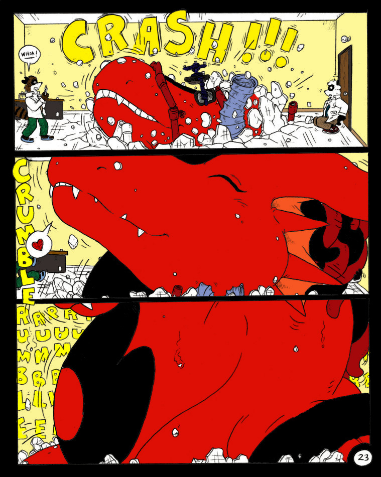 &lt;3 2005 anthro bear comic destruction dnapalmhead dragon female gills growth macro male mammal onomatopoeia panda procyonid raccoon red_scales redsaber scales scalie size_difference smile sound_effects speech_bubble teeth text traditional_media_(artwork) yellow_eyes