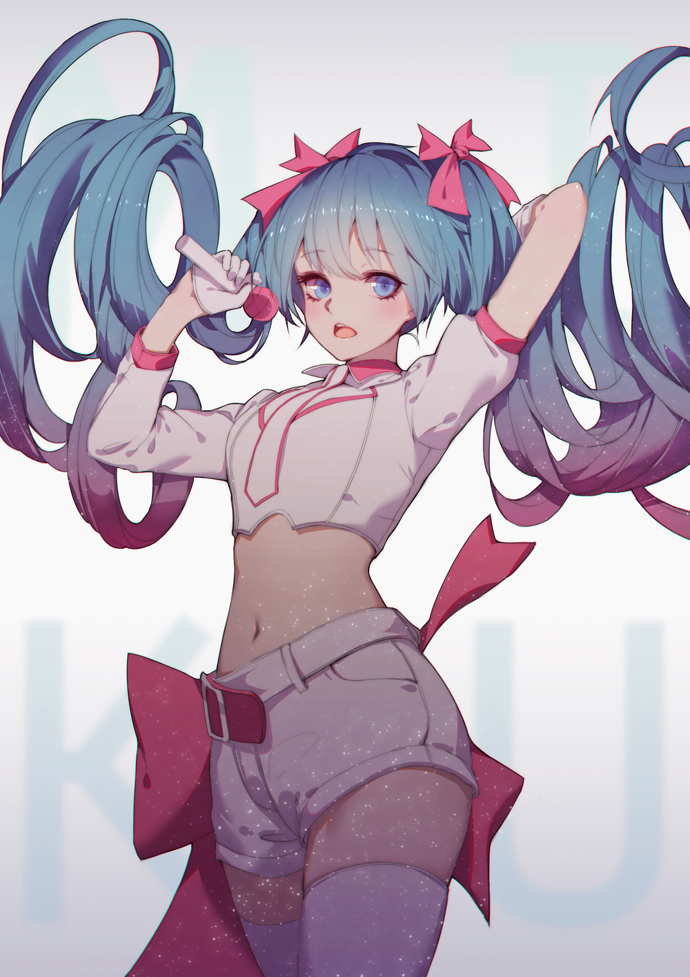 arm_up asymmetrical_gloves asymmetrical_sleeves bangs belt belt_buckle blue_eyes blue_hair bow buckle collared_shirt cowboy_shot crop_top eyebrows_visible_through_hair floating_hair gloves gradient_hair hair_between_eyes hair_ribbon hand_up hatsune_miku highres holding holding_microphone legs_together light_particles long_hair long_sleeves looking_at_viewer microphone midriff multicolored_hair navel necktie open_mouth pink_belt pink_bow pink_hair pink_ribbon pocket pre_(17194196) ribbon shade shiny shiny_hair shirt short_sleeves solo standing stomach thighhighs twintails upper_teeth very_long_hair vocaloid white_background white_gloves white_legwear white_neckwear white_shirt
