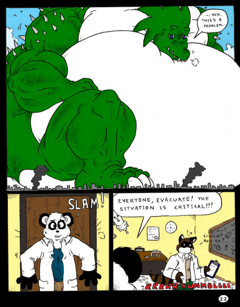 2003 anthro bear blue_eyes building claws comic dnapalmhead dragon english_text green_scales growth half-closed_eyes macro male mammal muscular obese onomatopoeia overweight panda procyonid raccoon redsaber scales scalie size_difference sound_effects speech_bubble text traditional_media_(artwork)