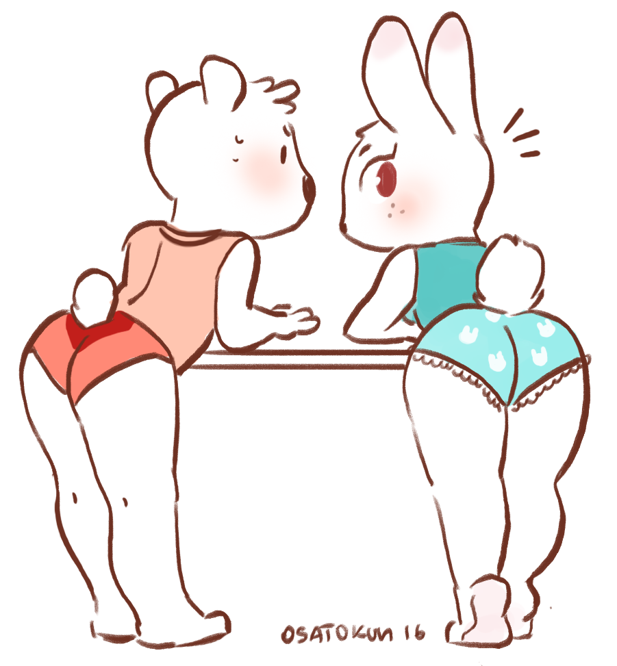 2016 albino animal_crossing anthro arm_support back_boob barefoot bear bent_over biped black_eyes black_nose blue_clothing blush breasts butt_focus clothing digital_drawing_(artwork) digital_media_(artwork) duo eyelashes feet female freckles full-length_portrait fur furgonomics head_tuft humanoid_feet lagomorph looking_back mammal nintendo osatokun panties pink_clothing plantigrade polar_bear portrait rabbit raised_heel rear_view red_eyes restricted_palette ruby_(animal_crossing) shirt short_tail small_waist snout standing surprise sweat sweatdrop tail_button_bottoms tail_clothing tutu_(animal_crossing) underwear vertical_bar_eyes video_games white_fur white_tail