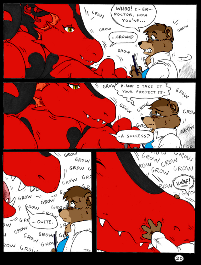 2005 anthro bear blue_eyes blush breasts comic dnapalmhead dragon duo english_text female gills green_eyes green_scales growth macro mammal muscular onomatopoeia red_scales redsaber scales scalie size_difference smile sound_effects speech_bubble teeth text traditional_media_(artwork) yellow_eyes