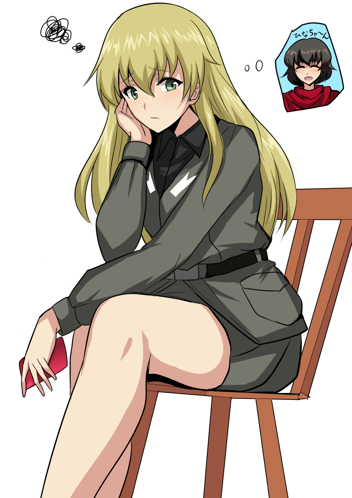 anzio_military_uniform black_shirt blonde_hair brown_hair caesar_(girls_und_panzer) carpaccio chair chin_rest closed_eyes girls_und_panzer green_eyes grey_jacket grey_skirt jacket koujun_(mugenzero) long_hair multiple_girls pencil_skirt red_scarf scarf shirt short_hair simple_background sitting skirt smile solo squiggle thought_bubble translated white_background