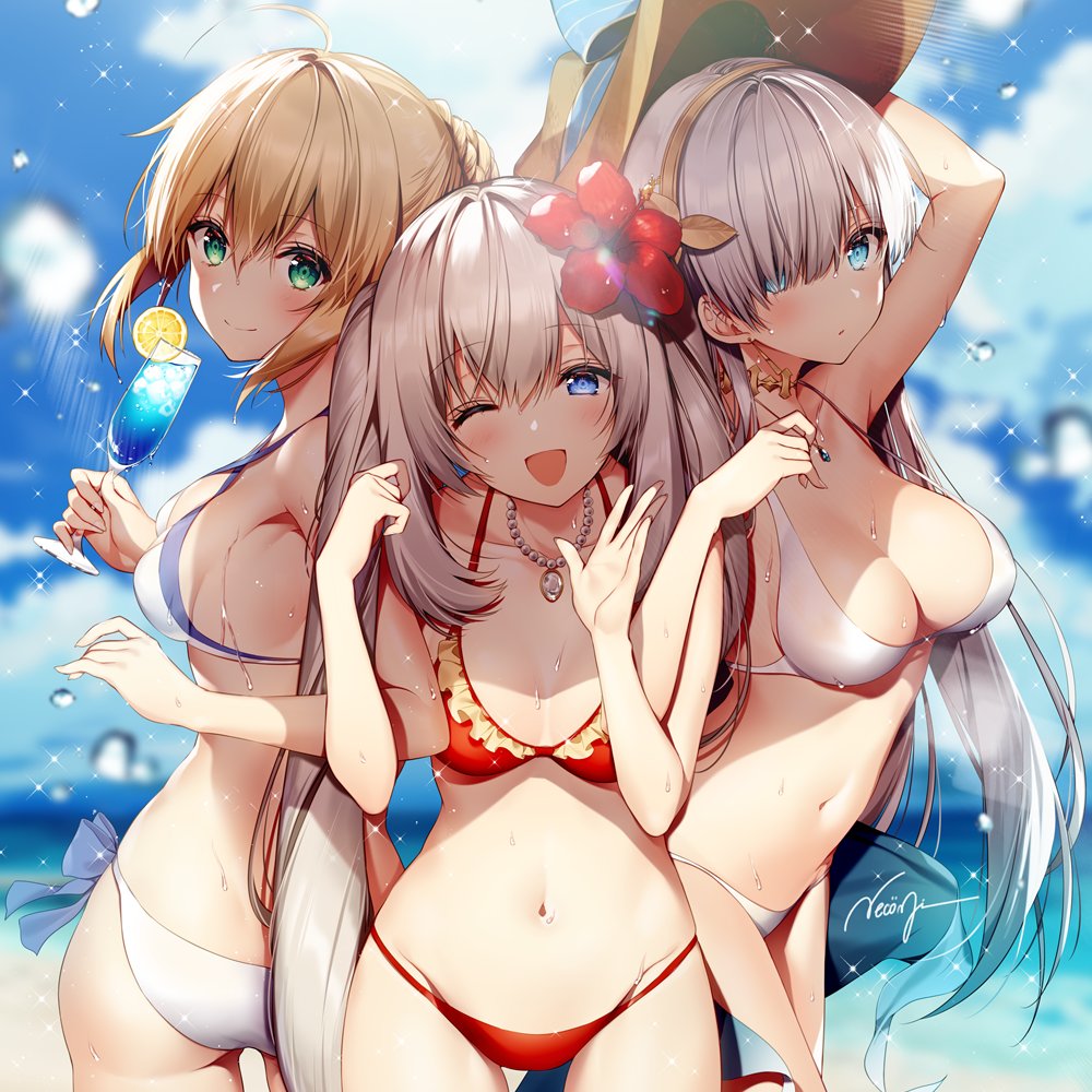 ;d ahoge alternate_costume anastasia_(fate/grand_order) artist_name artoria_pendragon_(all) artoria_pendragon_(swimsuit_archer) ass bangs bare_shoulders beach bikini blonde_hair blue_eyes blue_sky blurry blurry_background blush breasts choker cleavage closed_mouth collarbone commentary_request cowboy_shot cup day drinking_glass eyebrows_visible_through_hair fate/grand_order fate_(series) flower food fruit girl_sandwich green_eyes groin hair_between_eyes hair_flower hair_ornament hair_over_one_eye hair_ribbon hairband hand_on_headwear hat head_tilt holding holding_cup jewelry large_breasts lemon lemon_slice light_particles light_rays locked_arms long_hair looking_at_viewer marie_antoinette_(fate/grand_order) medium_breasts multiple_girls necklace necomi ocean one_eye_closed open_mouth outdoors red_bikini ribbon saber sand sandwiched sarong shade side-tie_bikini signature silver_hair sky smile stomach sun_hat swimsuit thighs tropical_drink twintails very_long_hair waving wet white_bikini