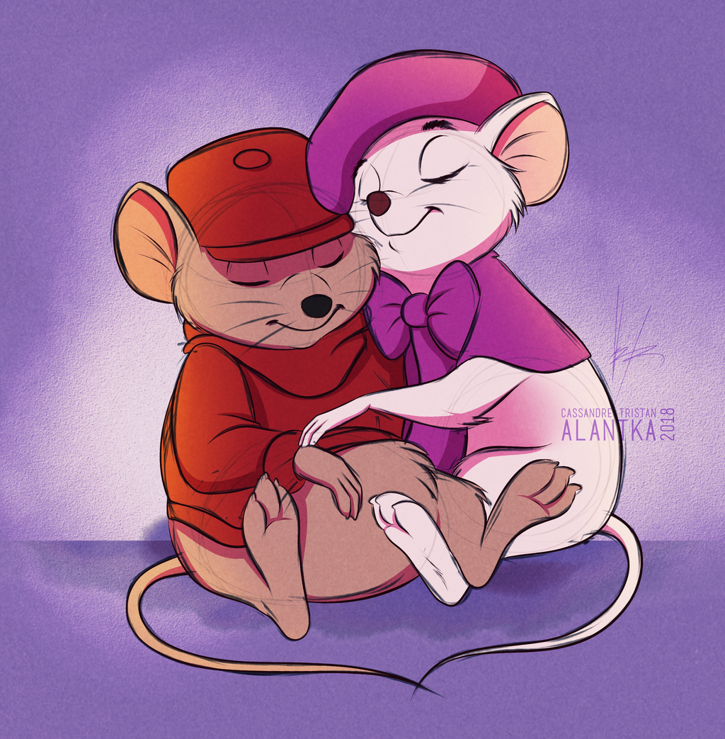 2018 3_toes alantka bernard bottomless brown_fur clothed clothing digital_drawing_(artwork) digital_media_(artwork) disney duo eyes_closed fur guide_lines mammal miss_bianca mouse purple_background rodent signature simple_background sitting sleeping textured_background the_rescuers toes white_fur