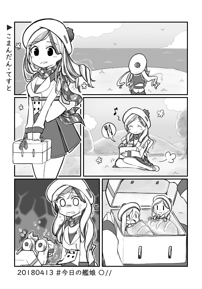 3girls beret bird blank_eyes bread chibi cloud comic commandant_teste_(kantai_collection) commentary_request crying dated drill_hair eating fairy_(kantai_collection) flying_sweatdrops food greyscale hat horizon jacket kantai_collection lunchbox ma_rukan monochrome multiple_girls ocean open_mouth plaid plaid_scarf scarf seagull silent_comic speech_bubble tears translation_request