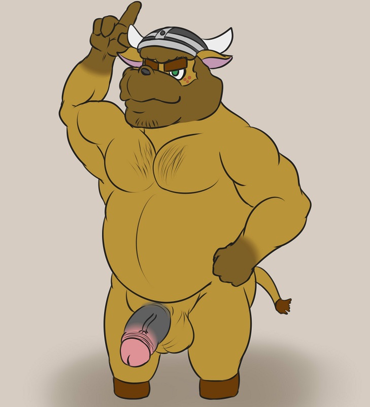 2017 4_fingers animal_crossing anthro armor balls barazoku beard belly biceps biped bison black_penis body_hair bovine brown_balls brown_body brown_hooves buffalo chest_hair digital_drawing_(artwork) digital_media_(artwork) eyebrows facial_hair fist freckles front_view full-length_portrait glans gloves_(marking) green_eyes grey_background hairy half-erect hand_on_hip helmet hooves humanoid_hands humanoid_penis male mammal manly markings mostly_nude musclegut muscular muscular_male naked_hat nintendo overweight overweight_male pecs penis pointing portrait shadow simple_background smile snout solo standing thevillager thick_eyebrows uncut vic_(animal_crossing) video_games viking_helmet