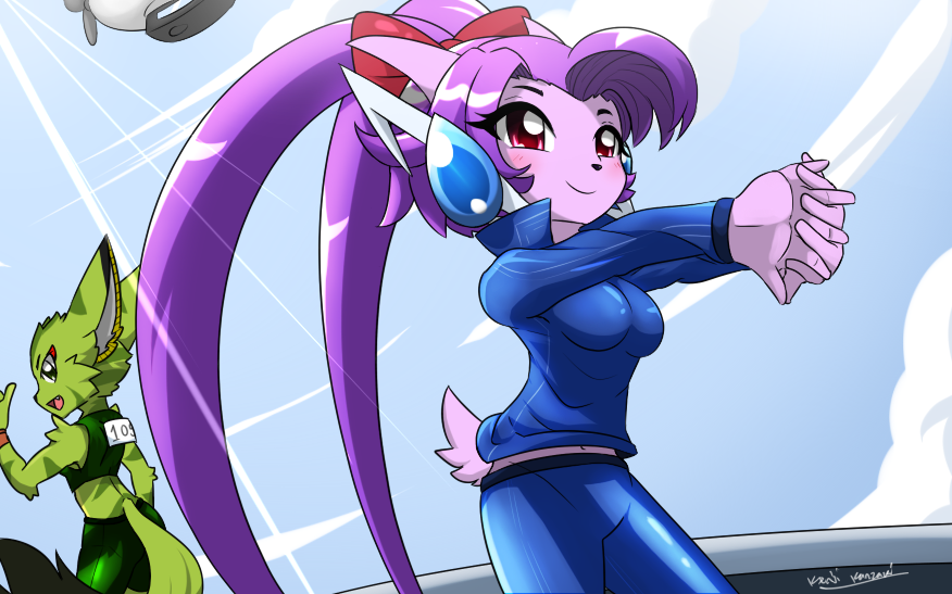 anthro aquatic_dragon blush breasts carol_tea clothed clothing dragon duo female freedom_planet freedom_planet_2 fur green_eyes green_fur hair kenjikanzaki05 midriff navel purple_eyes purple_hair sash_lilac video_games