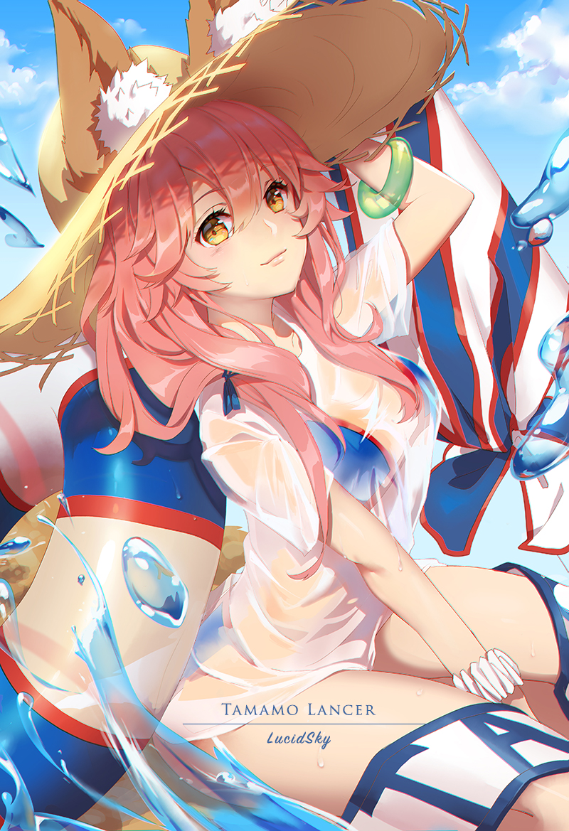 animal_ear_fluff animal_ears artist_name bangs beach_umbrella bikini blue_bikini blue_sky blush bracelet breasts character_name closed_mouth collarbone commentary_request day ears_through_headwear fate/extra fate/grand_order fate_(series) fox_ears fox_tail hair_between_eyes hat innertube jewelry large_breasts long_hair looking_at_viewer ocean pink_hair sash shirt sky smile solo splashing straw_hat sun_hat swimsuit tail tamamo_(fate)_(all) tamamo_no_mae_(fate) tamamo_no_mae_(swimsuit_lancer)_(fate) thighs umbrella water wet wet_clothes wet_shirt wet_t-shirt yellow_eyes yume_ou