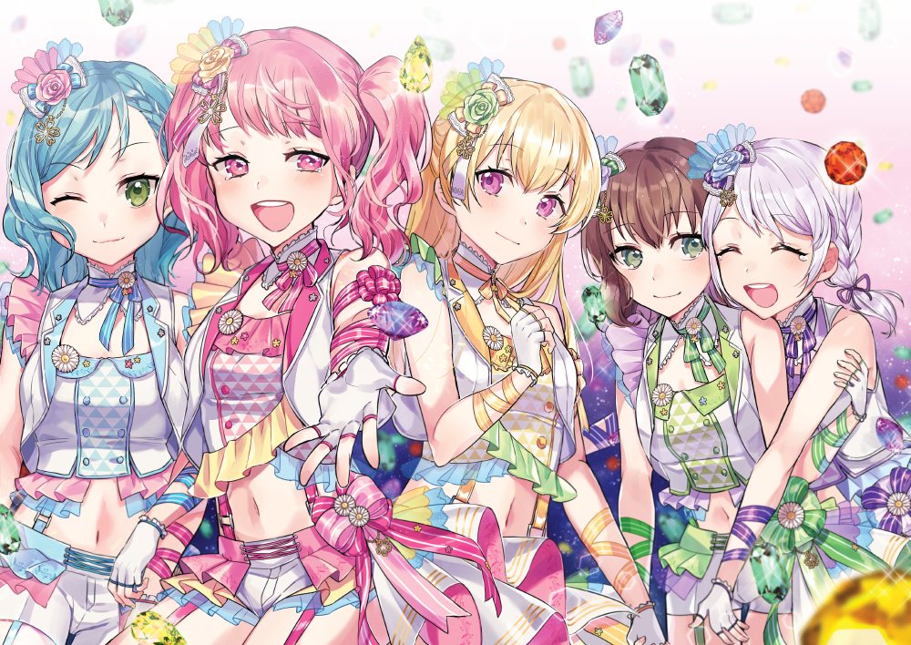 :d ;) ^_^ aqua_hair bang_dream! bangs blonde_hair blue_flower blue_neckwear blue_ribbon blue_rose bow braid brown_hair clenched_hand closed_eyes commentary_request detached_collar fingerless_gloves flower frills garter_straps gem gloves green_eyes green_flower green_neckwear green_ribbon green_rose hair_bow hair_flower hair_ornament hair_ribbon hikawa_hina long_hair looking_at_viewer maruyama_aya medium_hair multiple_girls navel neck_ribbon one_eye_closed open_mouth outstretched_hand overskirt pastel_palettes pink_eyes pink_flower pink_hair pink_neckwear pink_ribbon pink_rose purple_eyes purple_neckwear purple_ribbon ribbon rose round_teeth shirasagi_chisato shorts side_braid smile striped striped_ribbon suspender_shorts suspenders teeth tiny_(tini3030) twin_braids twintails upper_teeth vest wakamiya_eve white_gloves white_hair wrist_ribbon yamato_maya yellow_flower yellow_neckwear yellow_ribbon yellow_rose