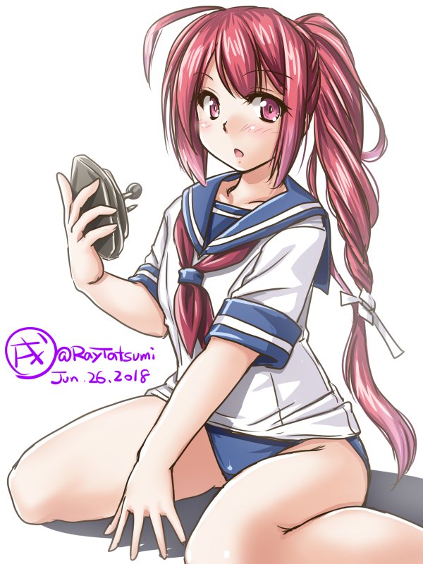 blue_sailor_collar blue_swimsuit controller dated game_controller hair_ribbon i-168_(kantai_collection) kantai_collection long_hair looking_at_viewer neckerchief ponytail red_eyes red_hair red_neckwear ribbon sailor_collar sailor_shirt school_swimsuit school_uniform serafuku shirt signature simple_background sitting solo swimsuit swimsuit_under_clothes tatsumi_ray twitter_username wariza white_background