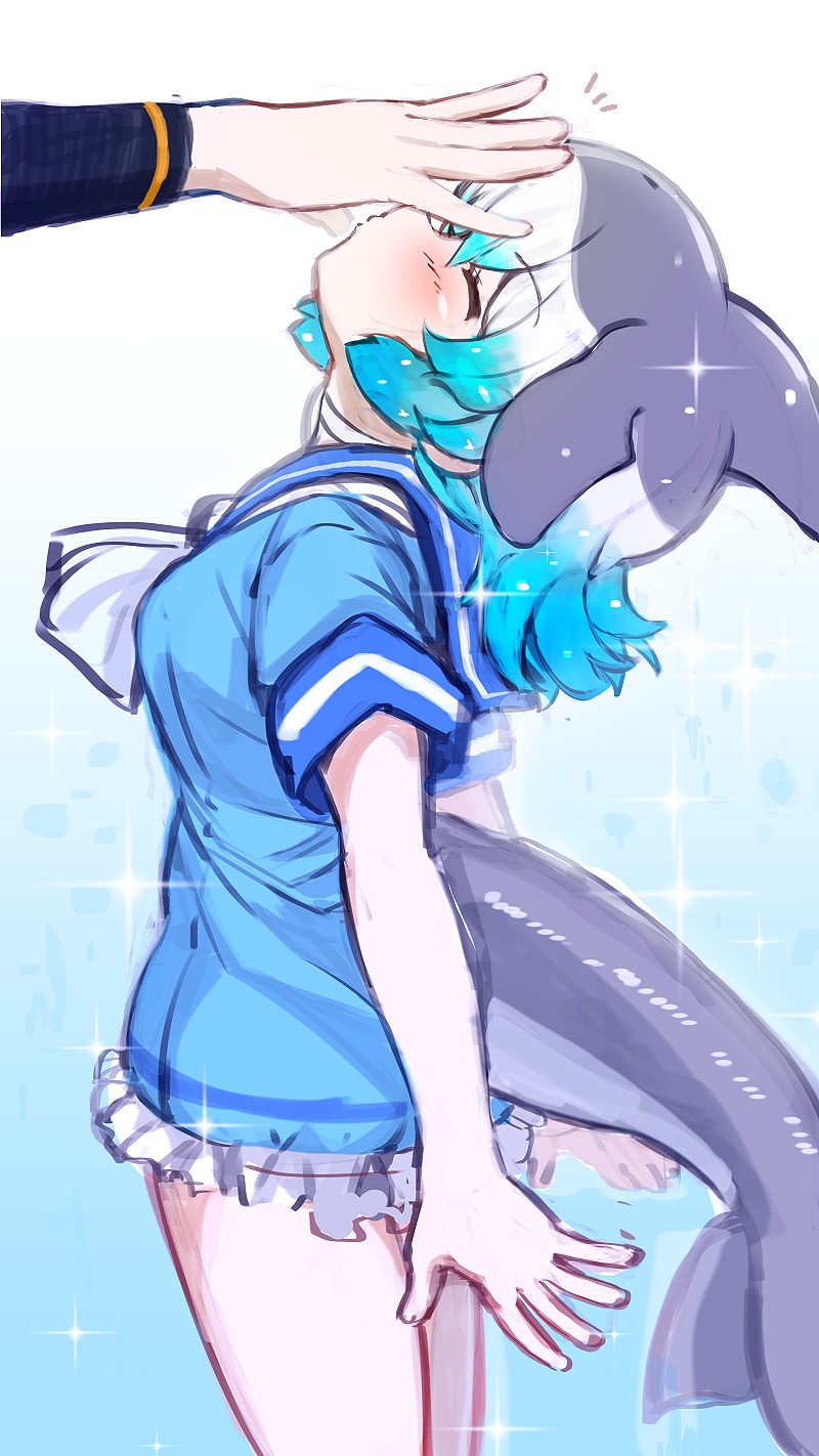 blue_background blue_hair blush breasts choker closed_eyes commentary common_bottlenose_dolphin_(kemono_friends) dolphin_tail eyebrows_visible_through_hair fins from_side gradient gradient_background grey_hair head_fins highres kemono_friends multicolored_hair out_of_frame petting sailor_collar short_sleeves solo_focus sparkle tail_fin tanaka_kusao white_background white_choker white_hair