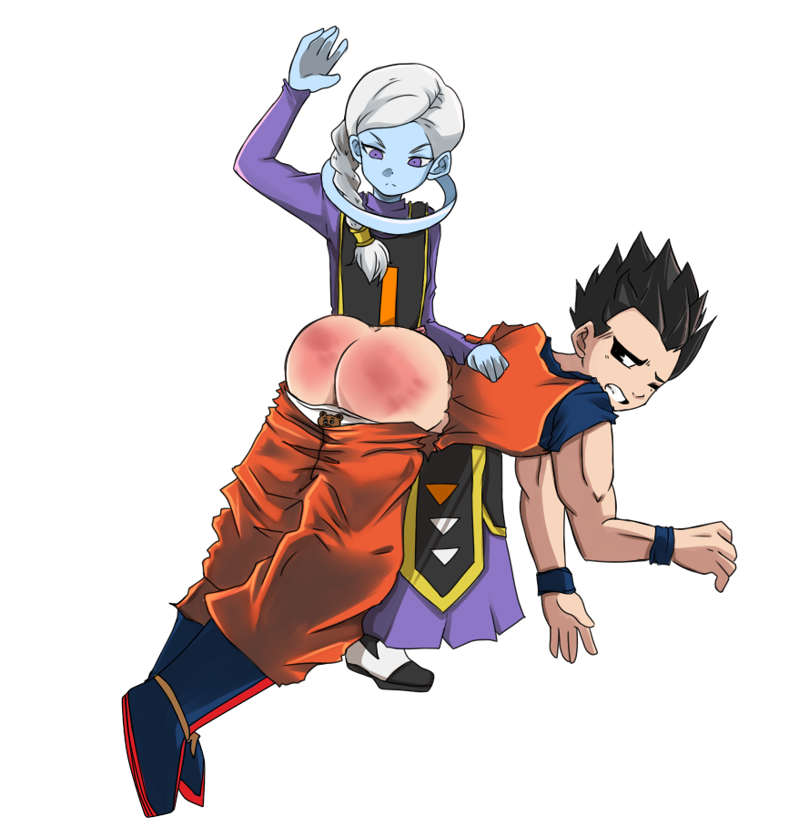 1boy 1girl angel ass black_hair blue_skin butt_crack cus discipline domination dragon_ball dragon_ball_super dragonball_z embarrassed femdom floating handprint humiliation larger_male male malesub over_the_knee pants_down punishment red_ass size_difference smaller_female son_gohan spanked spanking white_hair