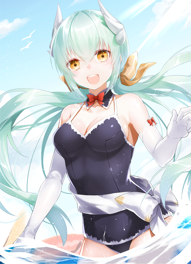 :d bangs bare_shoulders bird black_swimsuit blush bow bowtie breasts casual_one-piece_swimsuit cleavage cloud collarbone commentary_request cowboy_shot day detached_collar dragon_horns elbow_gloves eyebrows_visible_through_hair fate/grand_order fate_(series) floating_hair gloves green_hair hair_between_eyes hair_bow hair_ribbon hand_up horns kiyohime_(fate/grand_order) kiyohime_(swimsuit_lancer)_(fate) light_green_hair long_hair looking_at_viewer low_twintails medium_breasts ocean one-piece_swimsuit open_mouth outdoors red_bow red_neckwear ribbon seagull shiny shiny_hair shiny_skin sidelocks smile solo sparkle standing swimsuit twintails very_long_hair wading waka_(shark_waka) white_gloves yellow_bow yellow_eyes yellow_ribbon