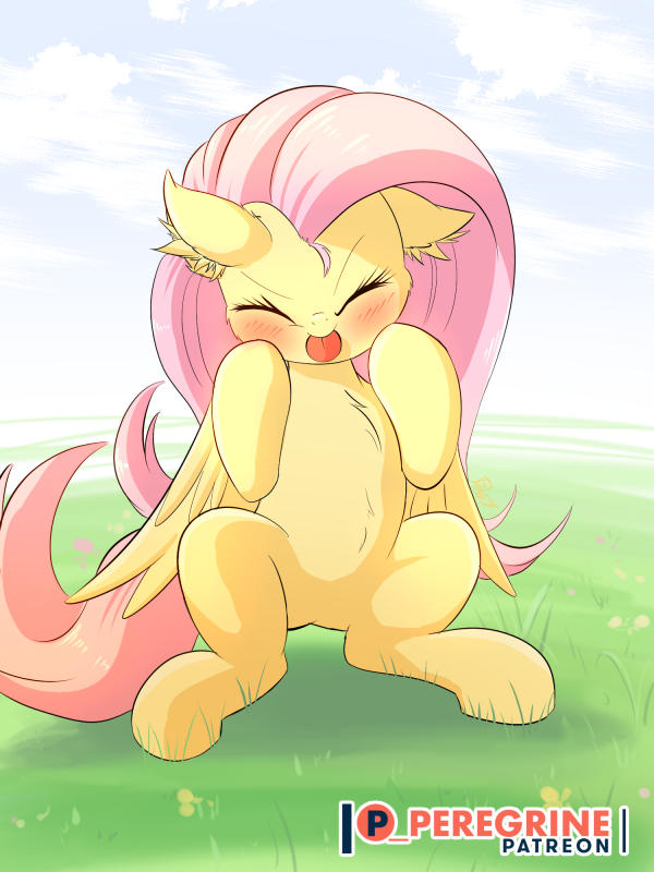 2018 blush digital_media_(artwork) equine eyes_closed feathered_wings feathers female feral fluttershy_(mlp) friendship_is_magic grass hair inner_ear_fluff long_hair mammal my_little_pony outside pegasus peregrine pink_hair solo tongue tongue_out wings