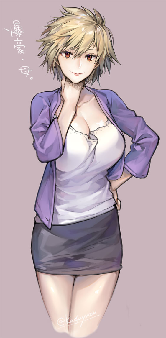 artist_name bakugou_mitsuki blonde_hair boku_no_hero_academia breasts cleavage commentary_request cropped_legs hand_on_hip kaguyuzu large_breasts long_sleeves looking_at_viewer mature open_clothes pencil_skirt purple_background red_eyes short_hair signature simple_background skirt smile solo standing