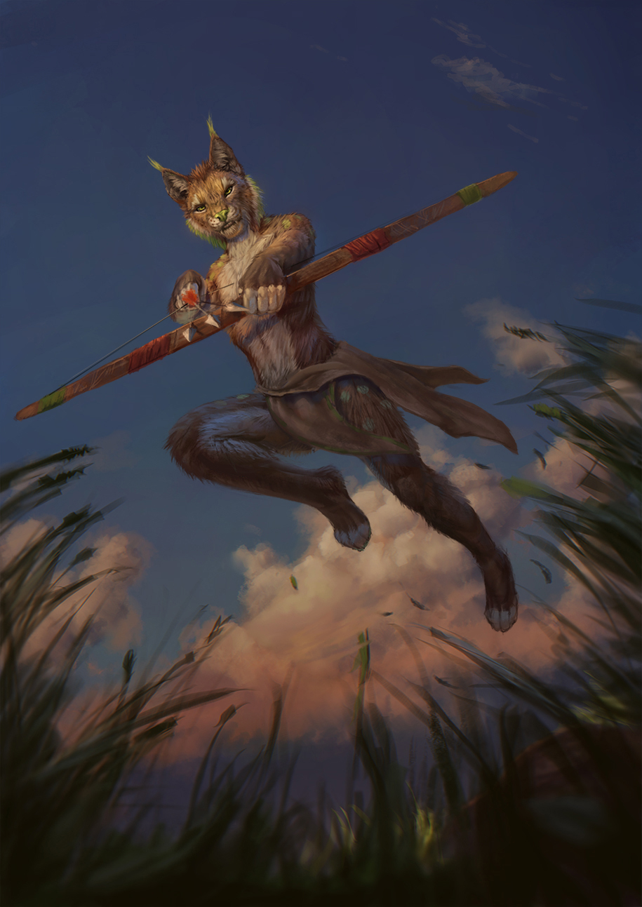 2018 5_fingers anthro arrow bow clothed clothing conditional_dnp day detailed_background digital_media_(artwork) digitigrade feline fur green_nose grey_fur holding_object holding_weapon latex_(artist) looking_at_viewer lynx male mammal outside sky solo tan_fur topless weapon