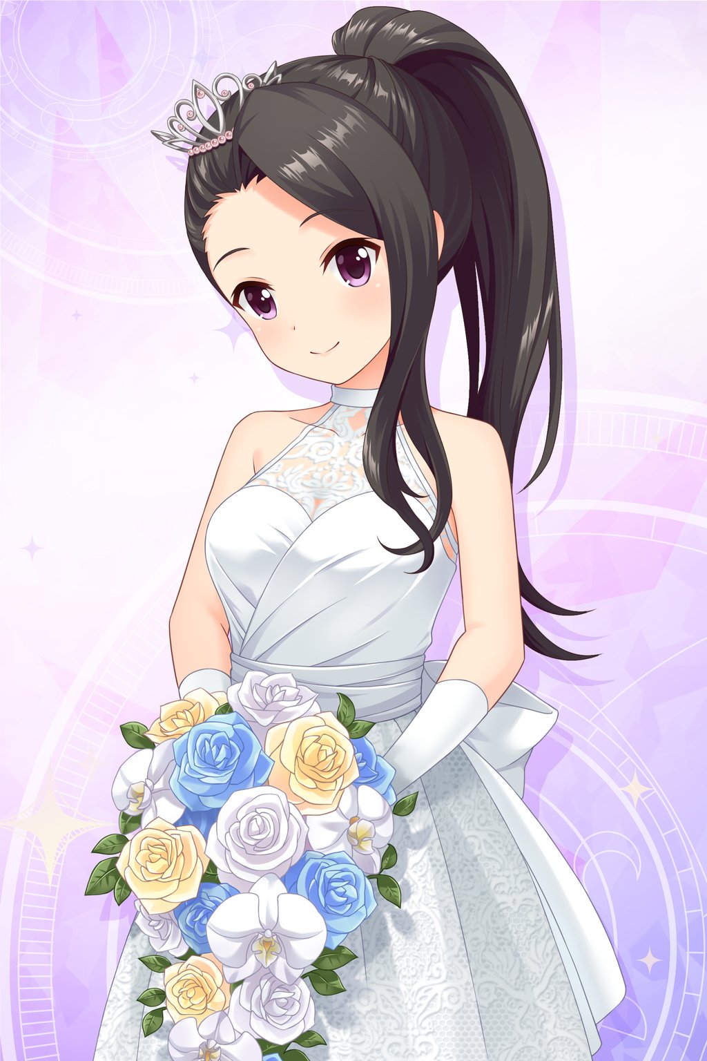 bare_shoulders black_hair blue_flower blue_rose blush bouquet bride closed_mouth dress elbow_gloves flower gloves highres holding holding_bouquet long_hair looking_at_viewer official_art purple_background purple_eyes rose saionji_rei simple_background smile tiara wedding_dress white_dress white_flower white_gloves white_rose yellow_flower yellow_rose