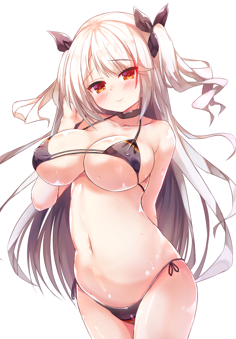 arm_behind_back azur_lane bangs bare_shoulders bikini black_bikini black_ribbon blush breasts choker closed_mouth collarbone commentary_request covered_nipples cowboy_shot eyebrows_visible_through_hair flag_print german_flag_bikini hair_between_eyes hair_ribbon hand_on_own_face kuro75268 large_breasts long_hair looking_at_viewer multicolored_hair navel prinz_eugen_(azur_lane) red_hair ribbon shiny shiny_skin side-tie_bikini silver_hair simple_background skindentation smile solo stomach streaked_hair sweat swimsuit thighs two_side_up very_long_hair white_background