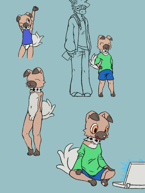 anthro blue_background canine child clothing computer cub equine i-am-that-japanesse laptop male mammal mudbray nintendo nude penis pok&eacute;mon pok&eacute;mon_(species) rockruff simple_background small_penis underwear video_games young