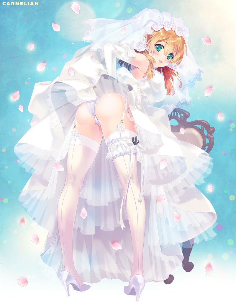 anchor ass back-seamed_legwear bent_over blonde_hair breasts bridal_veil carnelian commentary_request dress elbow_gloves eyebrows_visible_through_hair flower full_body garter_straps gloves green_eyes hair_between_eyes hair_flower hair_ornament hair_over_shoulder high_heels kantai_collection leg_garter long_hair looking_at_viewer looking_back low_twintails medium_breasts panties petals pigeon-toed prinz_eugen_(kantai_collection) seamed_legwear solo standing thighhighs twintails underwear veil wedding_dress white_dress white_gloves white_legwear white_panties