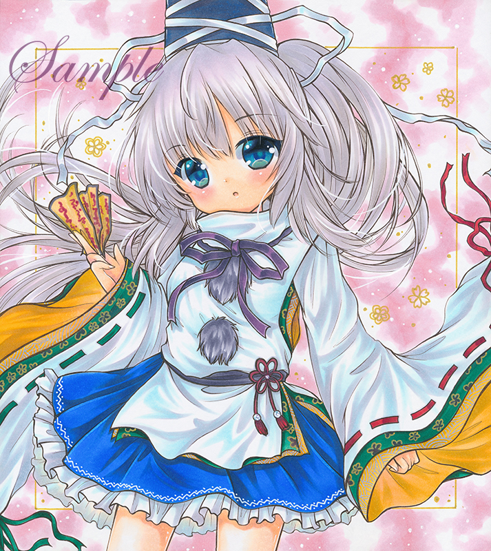 bad_id bad_pixiv_id blue_eyes blue_skirt frilled_skirt frills hat hat_ribbon holding holding_paper long_hair long_sleeves looking_at_viewer marker_(medium) mononobe_no_futo open_mouth paper ponytail ribbon ribbon-trimmed_sleeves ribbon_trim rui_(sugar3) sample silver_hair skirt solo standing tate_eboshi touhou traditional_media wide_sleeves