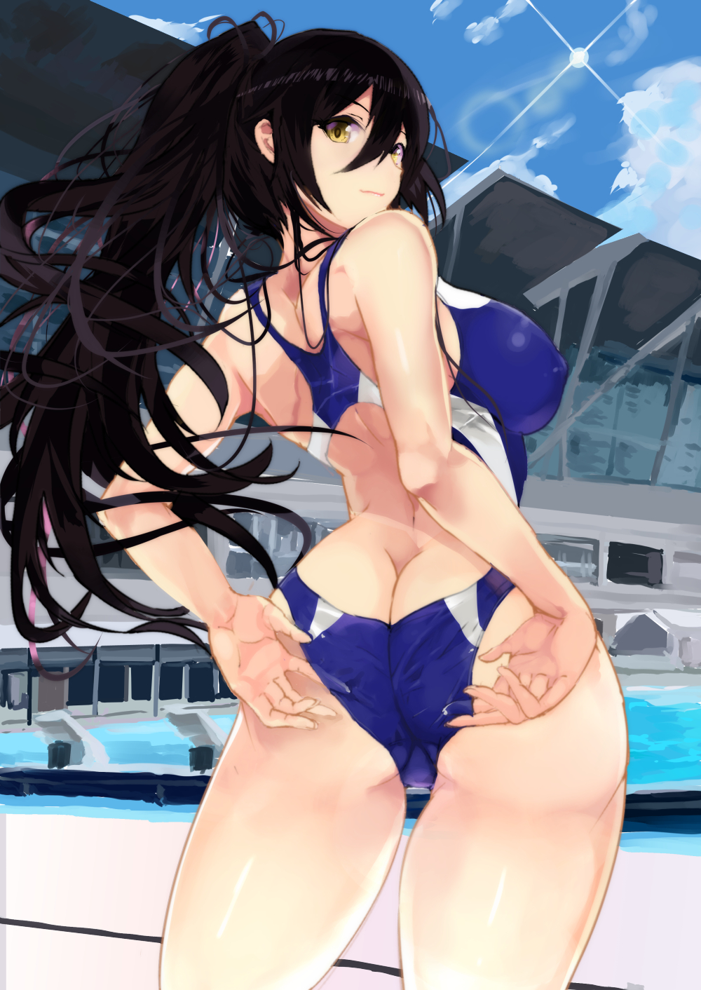 ass back bangs bare_shoulders black_hair blue_sky blue_swimsuit blush breasts butt_crack closed_mouth commentary_request competition_swimsuit day hair_between_eyes highres hips idolmaster idolmaster_shiny_colors large_breasts long_hair looking_back one-piece_swimsuit outdoors ponytail shirase_sakuya sky smile solo swimsuit swimsuit_pull thighs yellow_eyes yuu_(asaiyuji)